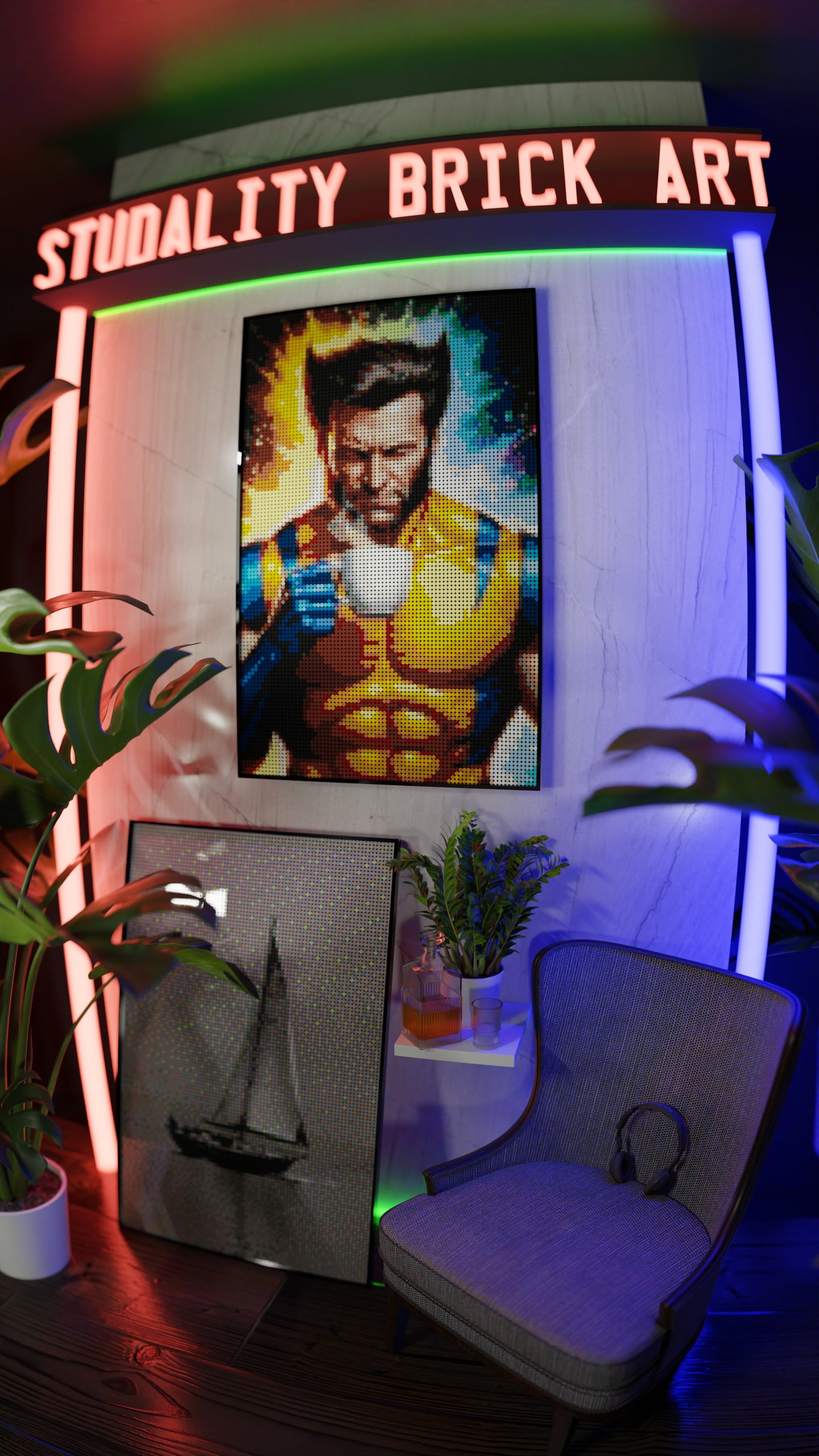 Wolverine LEGO® Style mosaic wall art made from colorful plastic bricks